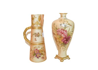 Lot 400 - A 19th century Royal Worcester tusk jug painted with flowers on a peach ground with a gilded...