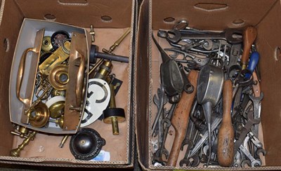Lot 406 - Three boxes of assorted tools, brass fitting etc (two boxes)
