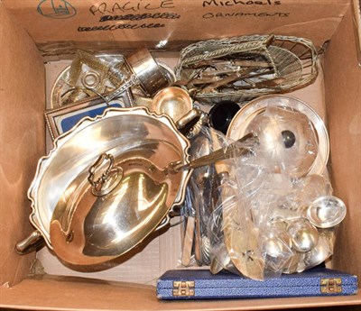 Lot 409 - A box of mixed silver plate including a soup tureen and ladle, muffin dish and assorted...