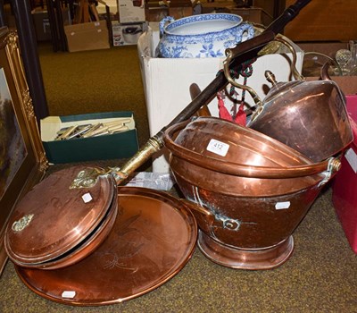 Lot 412 - A copper coal scuttle, kettle, warming pan, three pictures and a camera etc (qty)