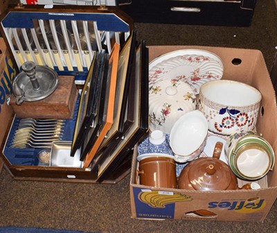 Lot 418 - Two boxes of mainly Victorian pottery including two cheese domes, together with a canteen of silver