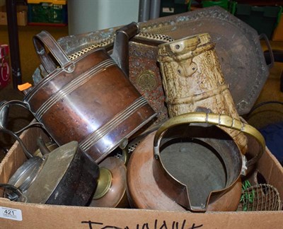 Lot 421 - A box of assorted metalware's, brass and copper etc including bidriware and a middle eastern vessel