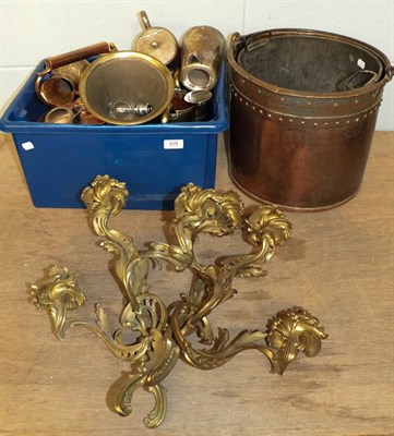 Lot 429 - A pair of Rococo style gilt metal three-branch wall lights, Victorian copper coal bucket and a...