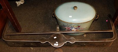 Lot 438 - A Georgian steel fire fender 122cm, together with a tole work coal box, pale blue ground and raised