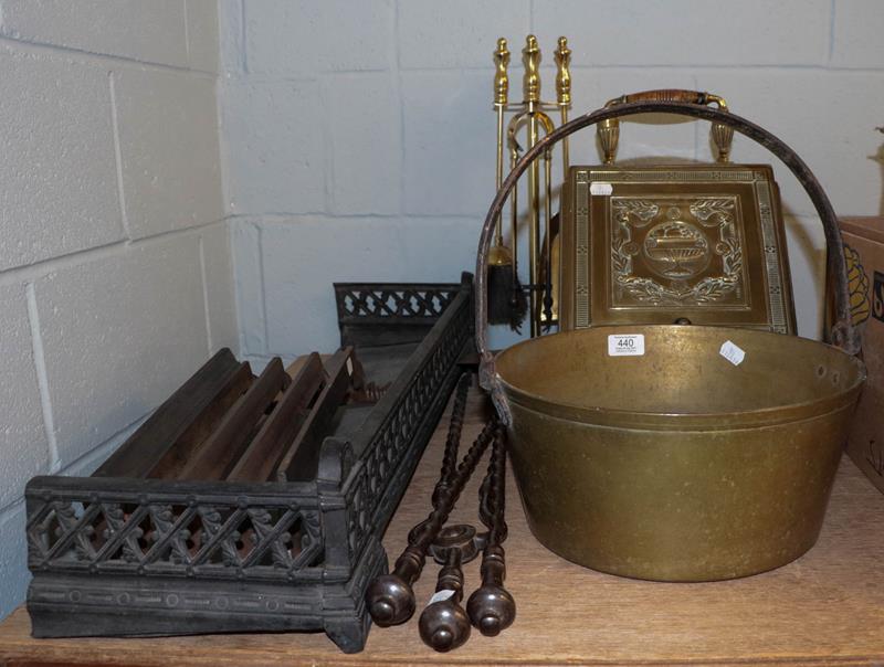 Lot 440 - A quantity of 19th century metal wares including steel fire tools, copper coal scuttle, brass...