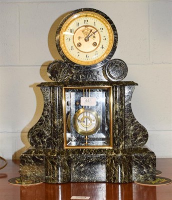 Lot 448 - A green marble striking mantel clock circa. 1890, 4.25'' enamel dial with a visible brocot...