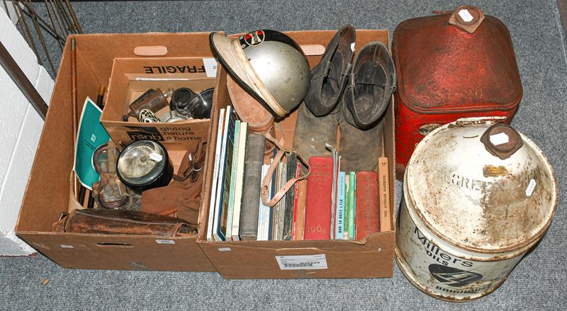 Lot 450 - Motoring interest, two boxes of assorted including motorcycling boots, vintage pudding basin...