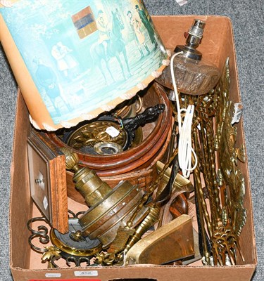 Lot 452 - A box of metalwares, wooden items and glass etc including barometer, toasting forks, Chinese...