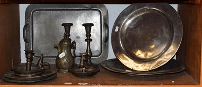 Lot 469 - Pewter including Arts & Crafts, twin-handled tray, 19th century charges, candlesticks etc (one...