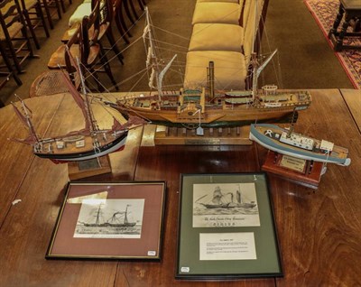 Lot 480 - Scratch built ship models PS Sirius, Admirals Pinnace 1924 and Cormorant and two prints (5)