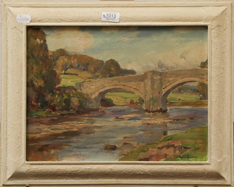 Lot 1013 - Owen Bowen (1873-1967) A bridge over a river, signed oil on canvas, 29cm by 39cm
