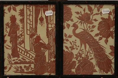 Lot 1020 - Two 19th century needlework samplers, four embroidered chinoiserie panels, machine embroidered...