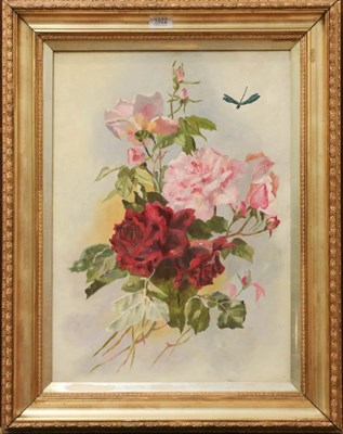 Lot 1022 - A 20th/21st century decorative oil on canvas, still life of roses with a dragonfly 55cm by...