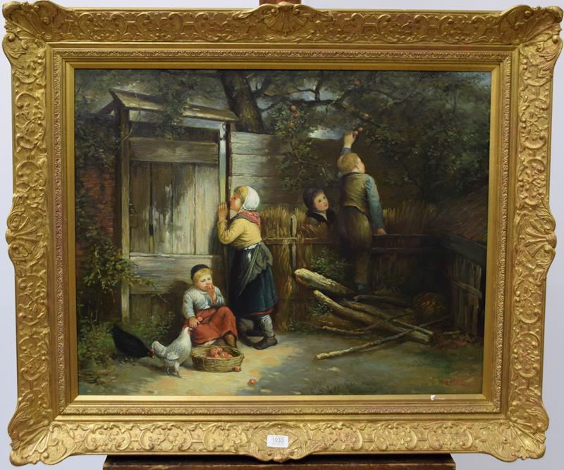 Lot 1033 - R.Dobson (Contemporary) Children picking apples, signed oil on canvas, 60cm by 75cm