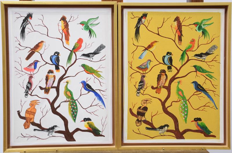 Lot 1040 - A pair of contemporary pictures of birds in a tree, mixed media on canvas, 47cm by 34.5cm (2)