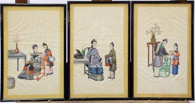 Lot 1042 - Ten early 19th century Chinese watercolours on pith paper, depicting figures and attendants in...