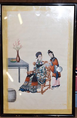 Lot 1042 - Ten early 19th century Chinese watercolours on pith paper, depicting figures and attendants in...