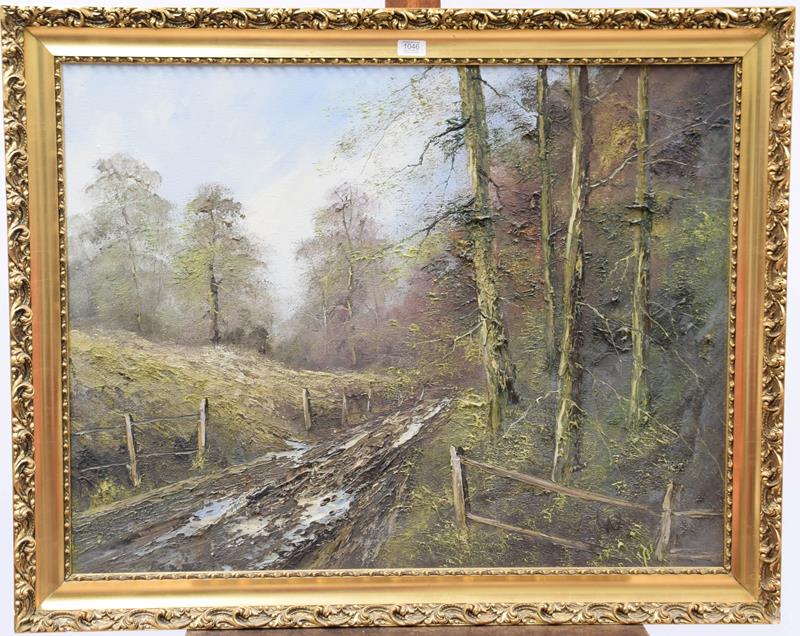 Lot 1046 - Contemporary, oil on canvas of a forest 17cm by 91cm