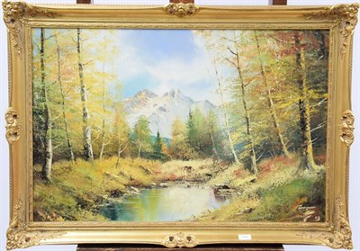 Lot 1054 - Three modern oils, indistinctly signed, mountain and woodland landscapes of varying sizes