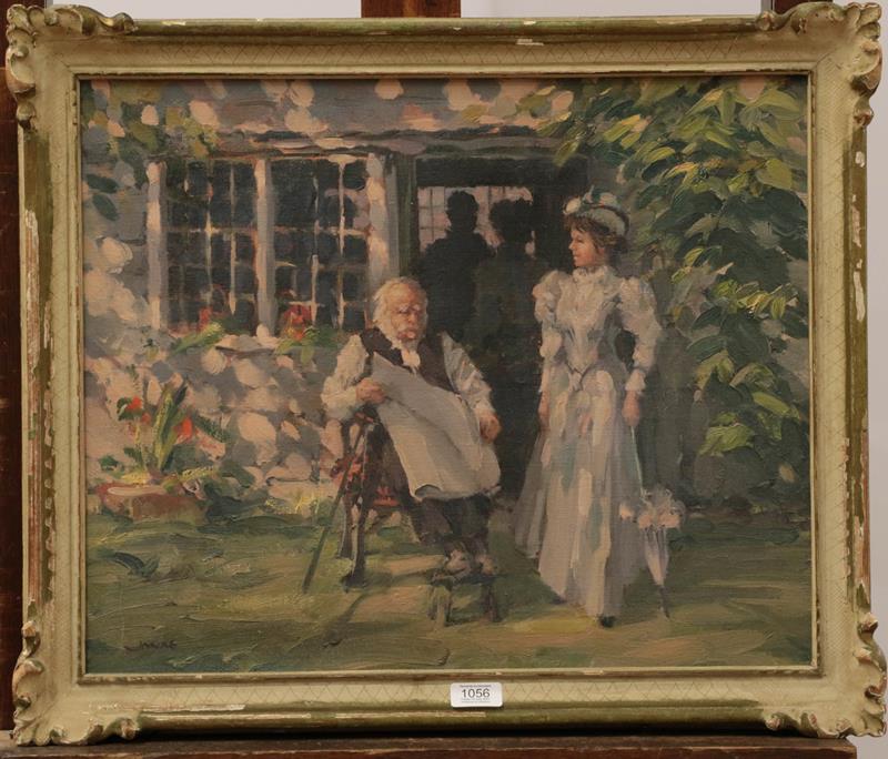 Lot 1056 - * Jonas (20th century) A lady and gentleman in a garden, signed, oil on canvas, 44.5cm by 54.5cm