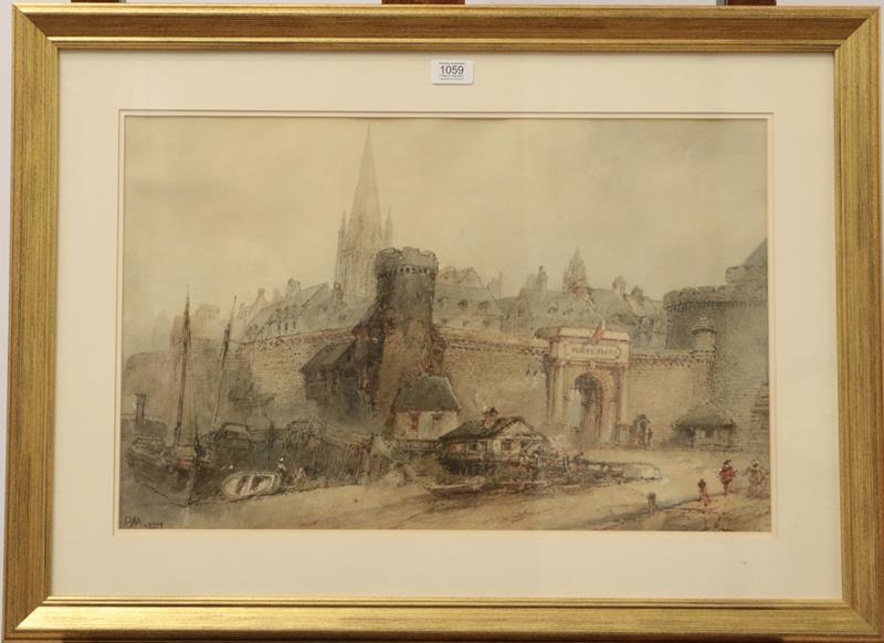 Lot 1059 - Paul Marny (1829-1914) Gateway to Medieval town, Signed, watercolour, 37cm by 57.5cm