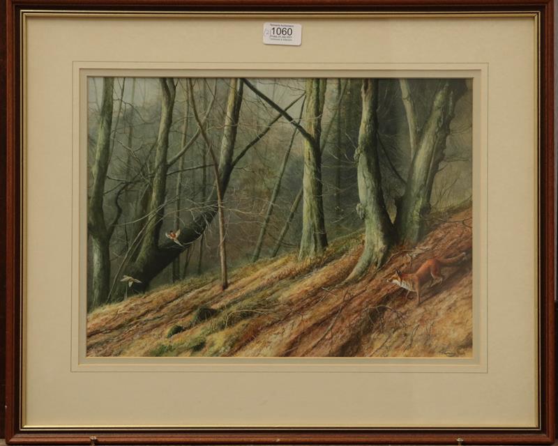 Lot 1060 - Jeremy Paul (20th century) Fox pursuing pheasant in a woodland, Signed, watercolour, together...