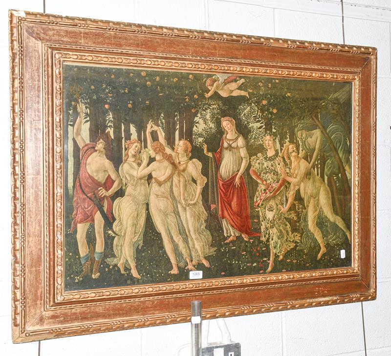 Lot 1065 - Premavera, after Sandro Botticelli print in a wide gilt frame, 57cm by 88cm