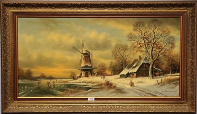 Lot 1066 - Horst Baumgart, German (20th century) Windmill waterside landscape, signed oil on canvas, 49cm...