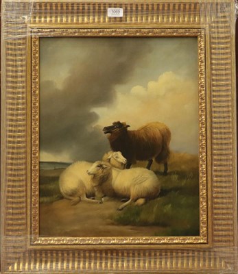 Lot 1069 - In the manner of Thomas Sidney Cooper, sheep in landscape, oil on board, 50cm by 39cm...