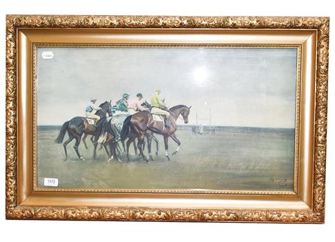 Lot 1072 - After Munnings, Jockeys starting a race, print 39cm by 72cm