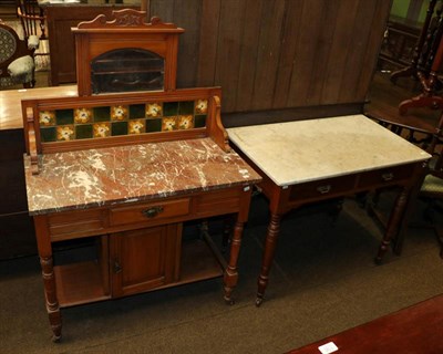 Lot 1186 - A Victorian satinwood marble top washstand with majolica tiles back, 92cm by 46cm by 130cm together