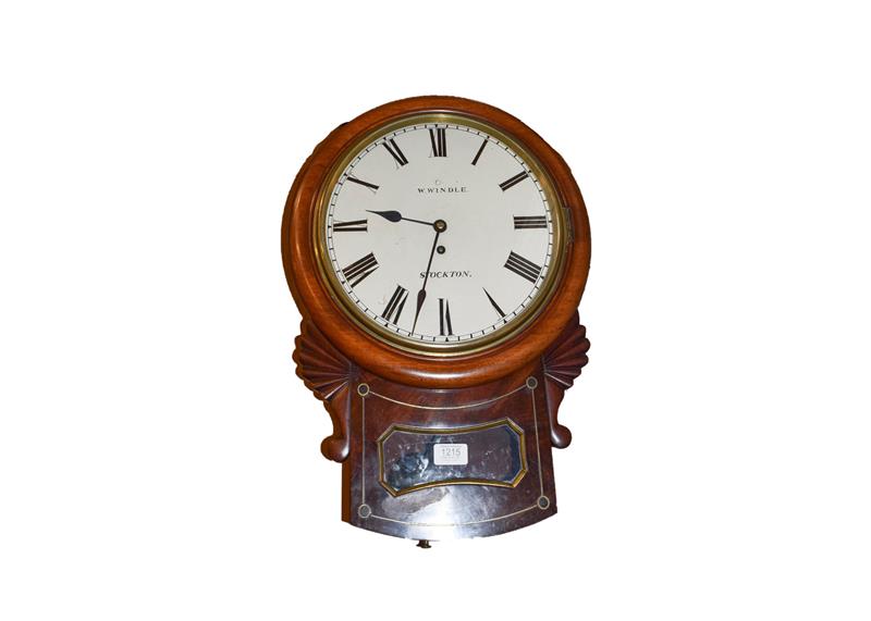 Lot 1215 - A 19th century mahogany drop dial wall timepiece, 12'' dial signed W. Windle, Stockton, single...