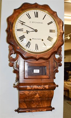 Lot 1231 - A walnut veneered inlaid striking drop dial wall clock, 12'' painted dial signed G W Graham,...