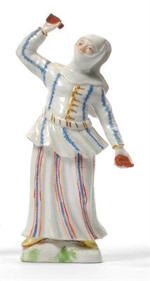 Lot 147 - An Ansbach Porcelain Figure of a Lady, circa 1765, standing wearing a veil and flowing striped...