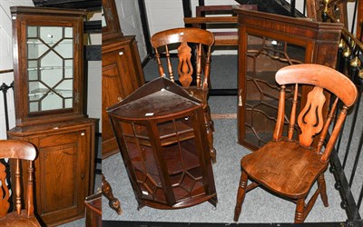 Lot 1260 - Four various corner cupboards and three country chairs (7)