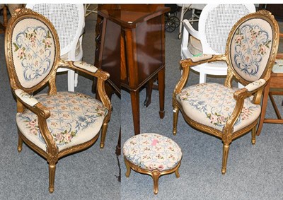 Lot 1275 - A pair of 20th century giltwood Fauteuil, with needlework upholstery together with a similar...