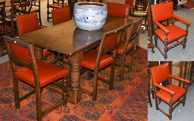 Lot 1280 - A 20th century oak refrectory dining table on turned supports, with H stretcher, together with...