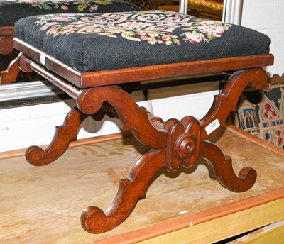 Lot 1305 - A Victorian mahogany X framed stool with needlepoint seat, 47cm by 43cm by 39cm