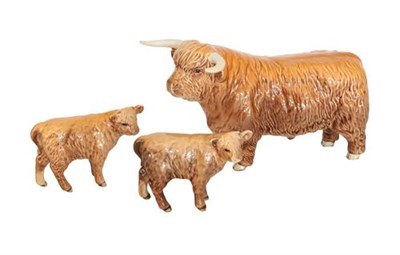 Lot 111 - Beswick Cattle Comprising: Highland Bull, model No. 2008, Highland Calf, model No. 1827D, and...