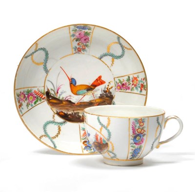 Lot 173 - A Höchst Porcelain Teacup and Saucer, circa 1770, painted with birds in panels on a ground of...