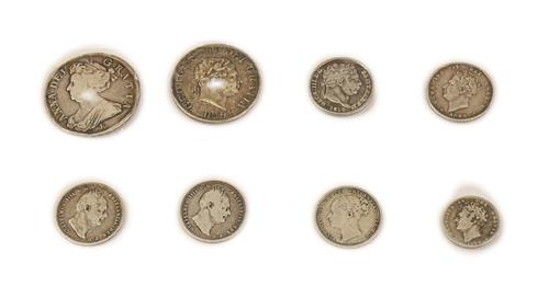Lot 2015 - 8 x English Silver Coins comprising: Anne halfcrown 1707E SEXTO Edinburgh Mint, post Union with...