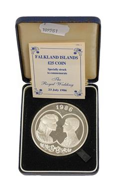Lot 2040 - Falkland Islands Silver Proof £25 1986, commemorating the marriage of Prince Andrew and Sarah...