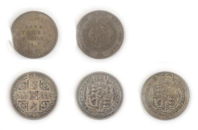 Lot 2069 - George III  4 x silver coins comprising: three shilling bank token 1811 good edge & surfaces AFine