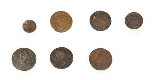 Lot 2079 - Ireland, 7 x Base Metal Coins, Charles I to George III comprising: Charles I farthing,...