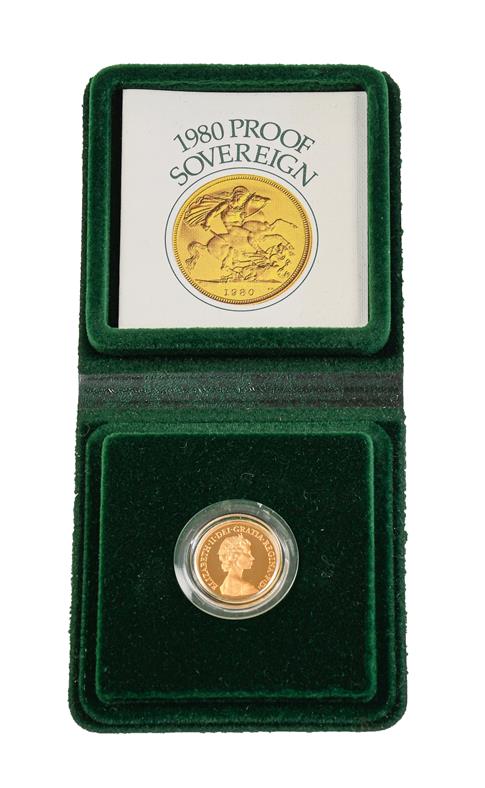 Lot 2080 - Elizabeth II, Proof Sovereign 1980, with certificate of authenticity, encapsulated in Royal...