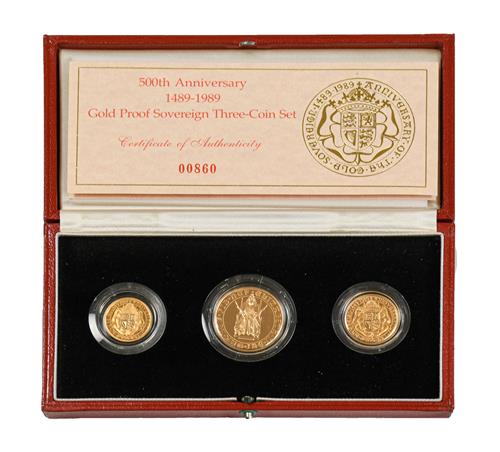 Lot 2082 - Elizabeth II, Gold Proof 3-Coin Sovereign Set 1989 commemorating the 500th anniversary of the...