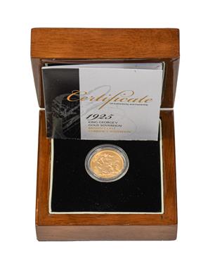 Lot 2093 - George V, Sovereign 1925, good edge & surfaces, with certificate of authenticity, encapsulated...