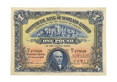 Lot 2120 - Scotland, Commercial Bank of Scotland 1924 One Pound. Serial number: 22/Y 178668, dated 31st...