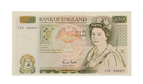 Lot 2125 - Great Britain, 1988 - 1991 Fifty Pounds, G.M. Gill signature, serial number: C25 826947. Olive...