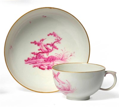 Lot 187 - A Zurich Porcelain Teacup and Saucer, circa 1775, painted in puce monochrome with birds in...